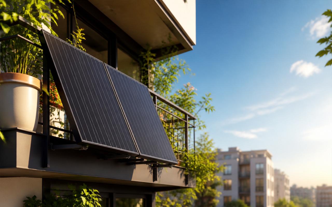 Two black solar panels mounted on a modern apartment balcony railing, tilted toward a bright blue sky