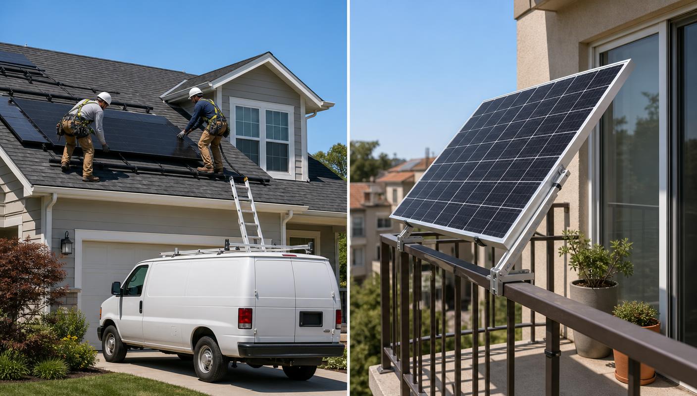Split image comparing a crew installing rooftop solar panels on a house with a compact plug-in solar panel mounted on an apartment balcony railing
