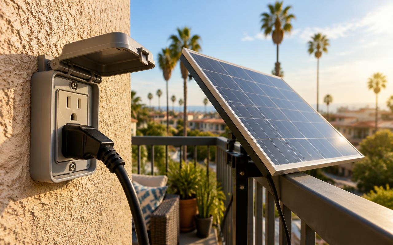 US outdoor wall outlet on a California balcony with a plug-in solar cable connected and a full-size panel on the railing