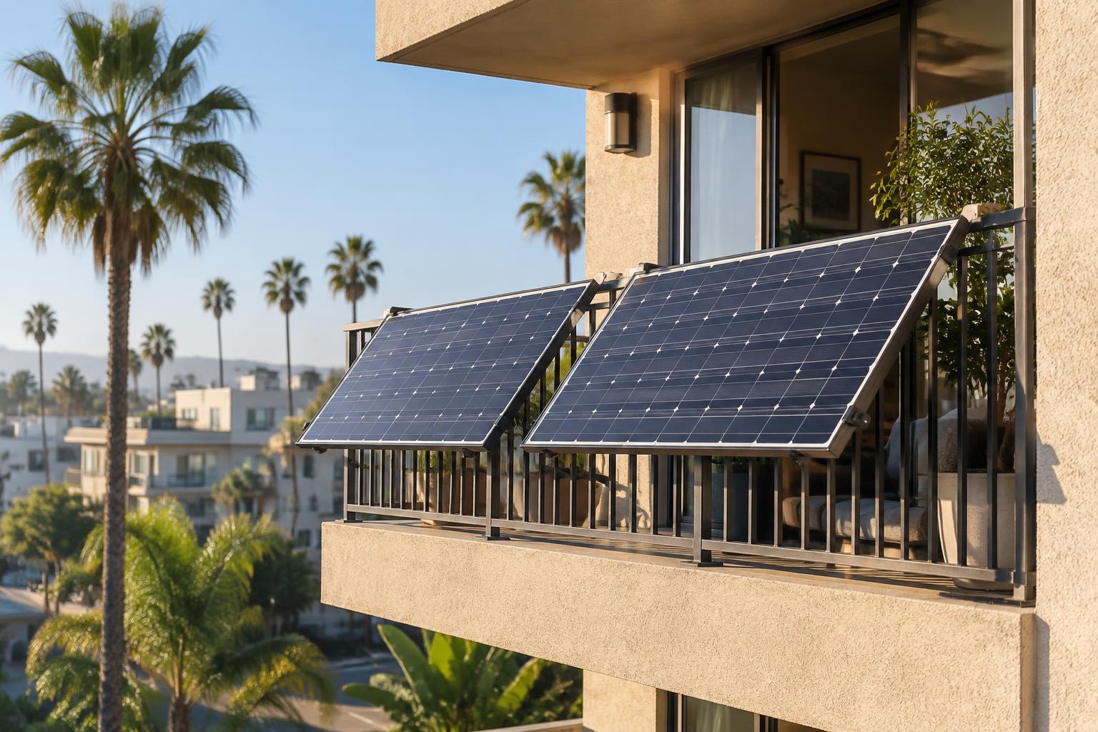 Two full-size plug-in solar panels mounted on a California apartment balcony railing, tilted outward toward the sun