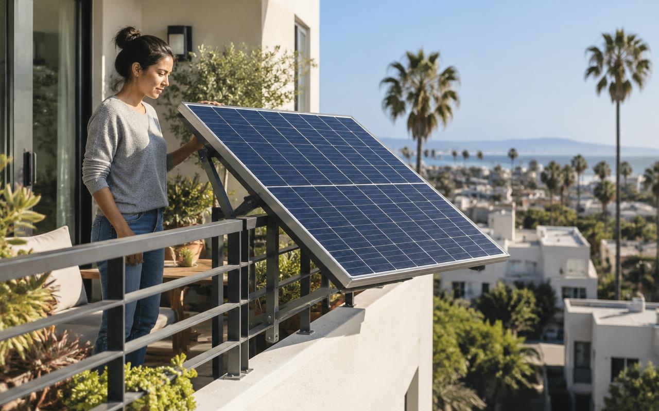 A resident examining a full-size solar panel mounted outward on a California apartment balcony