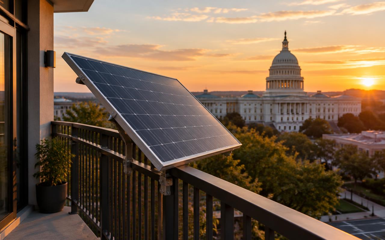 Full-size plug-in solar panel on a Washington, D.C. balcony railing with the U.S. Capitol dome at sunset