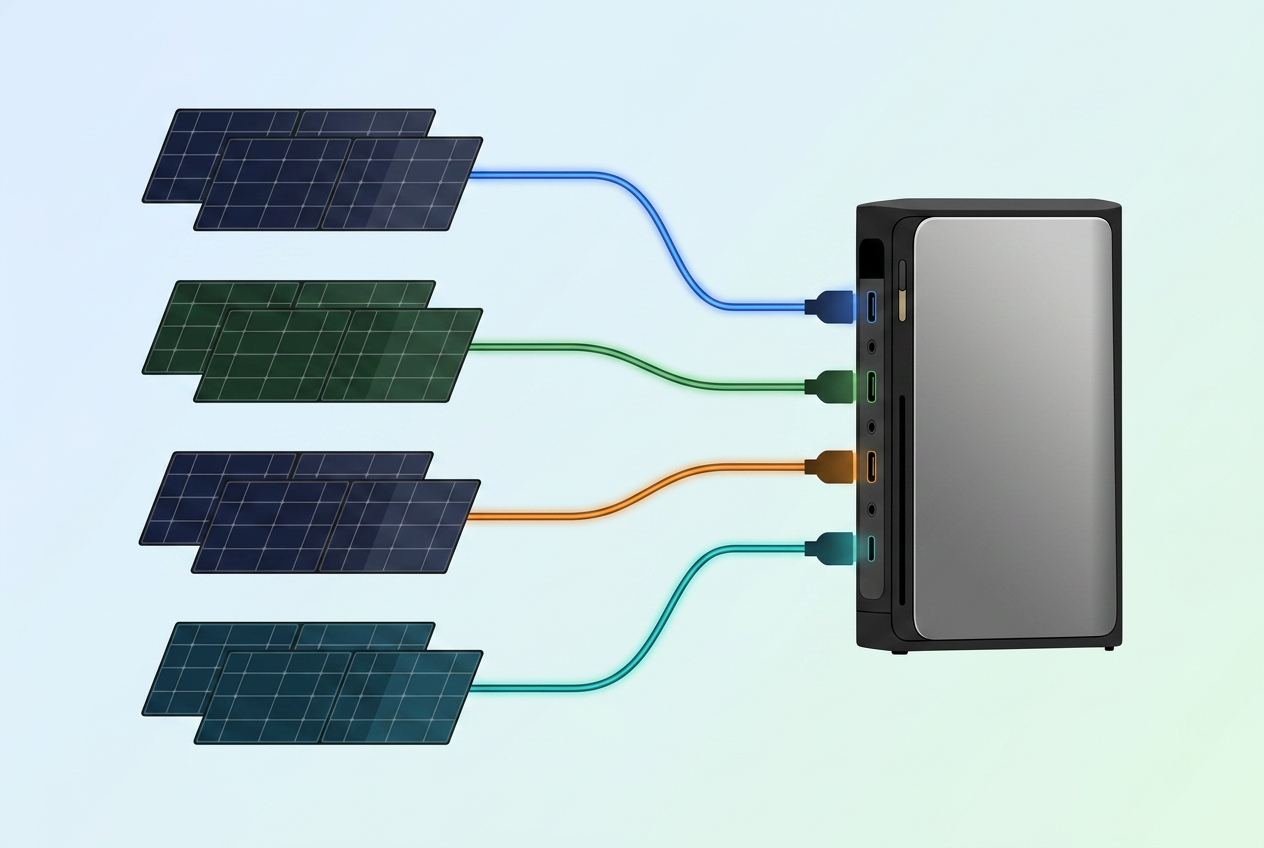 Diagram of four separate solar panel groups around a home, each wired into a single STREAM Ultra inverter unit