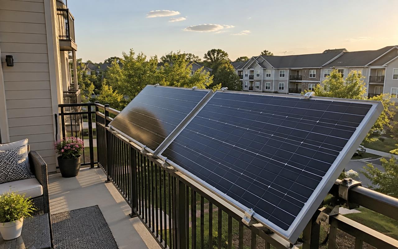 Two full-size plug-in solar panels mounted on an apartment balcony railing, tilted outward toward the sun