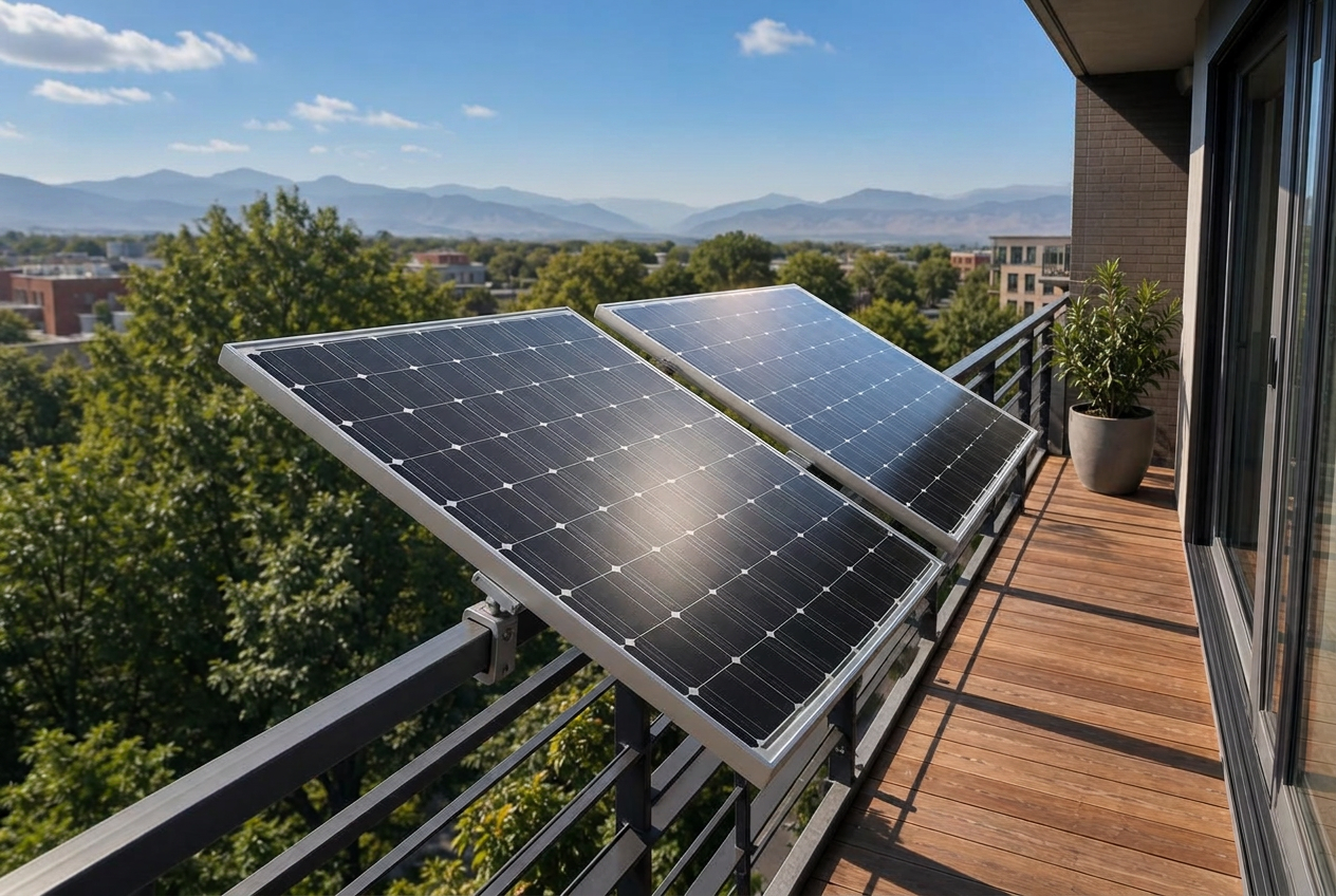 Two black solar panels mounted on a modern apartment balcony railing, tilted toward a bright sky