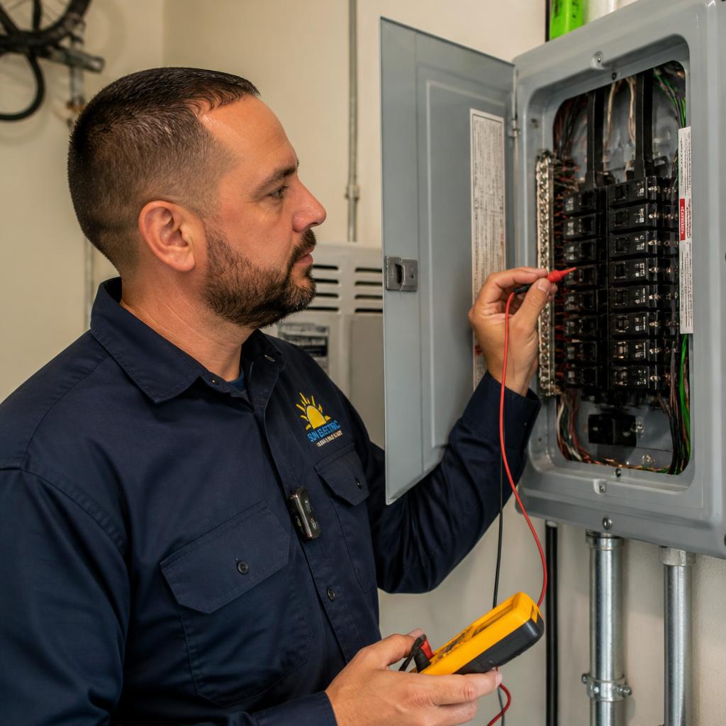 A licensed electrician in safety gear inspecting a home outlet with a small balcony solar panel in the background