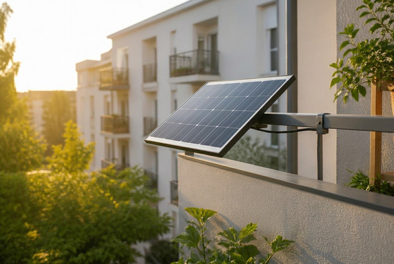 A compact plug-and-play solar panel on a sunny balcony railing with stacks of coins and a rising growth arrow