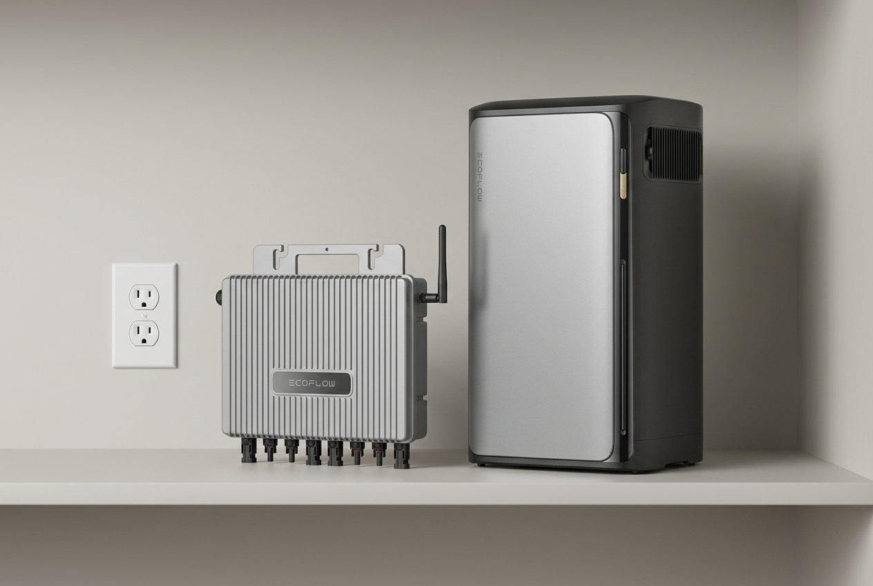 An EcoFlow STREAM microinverter and STREAM Ultra battery on a shelf beside a standard American wall outlet