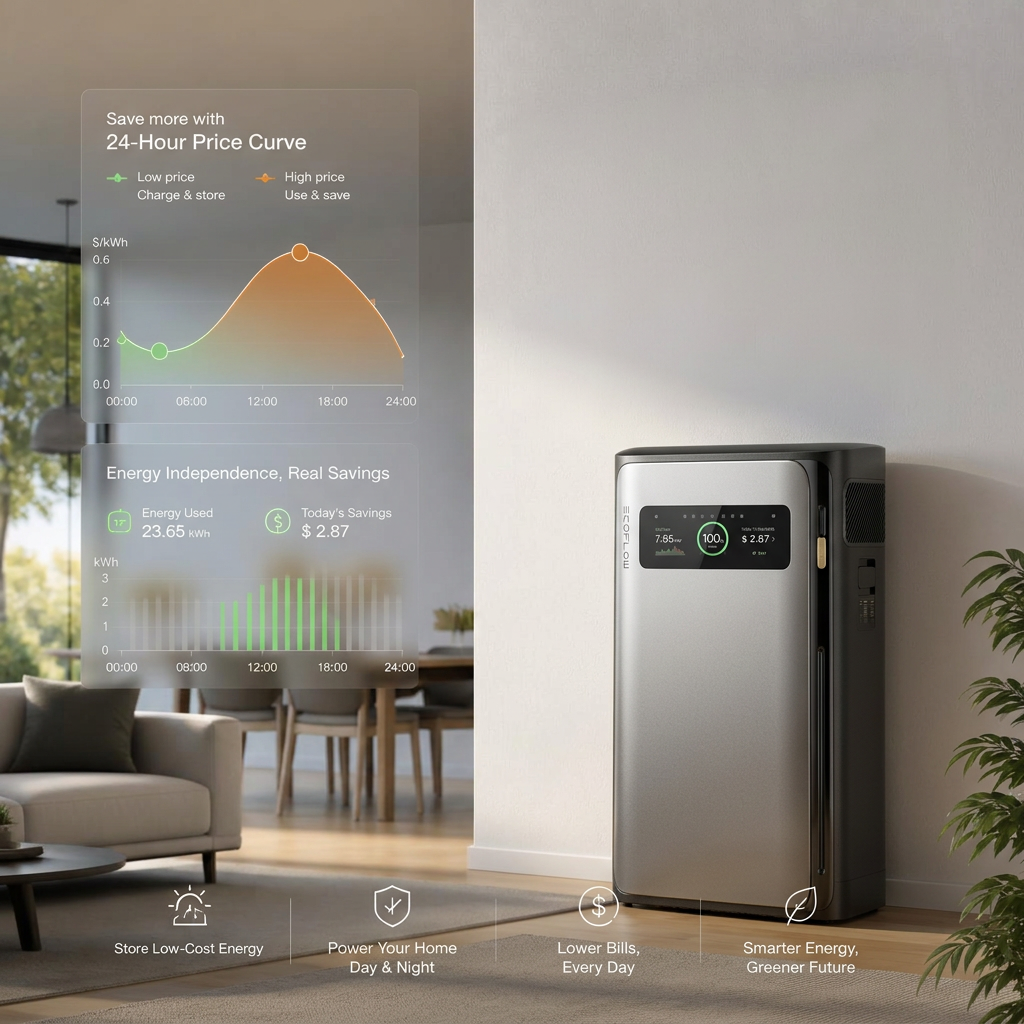EcoFlow STREAM Ultra home battery on a wall with a display showing a 24-hour electricity price curve and daily savings