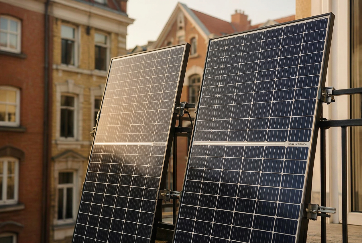 Two compact plug-in solar panels mounted on the metal railing of a European apartment balcony in warm afternoon light