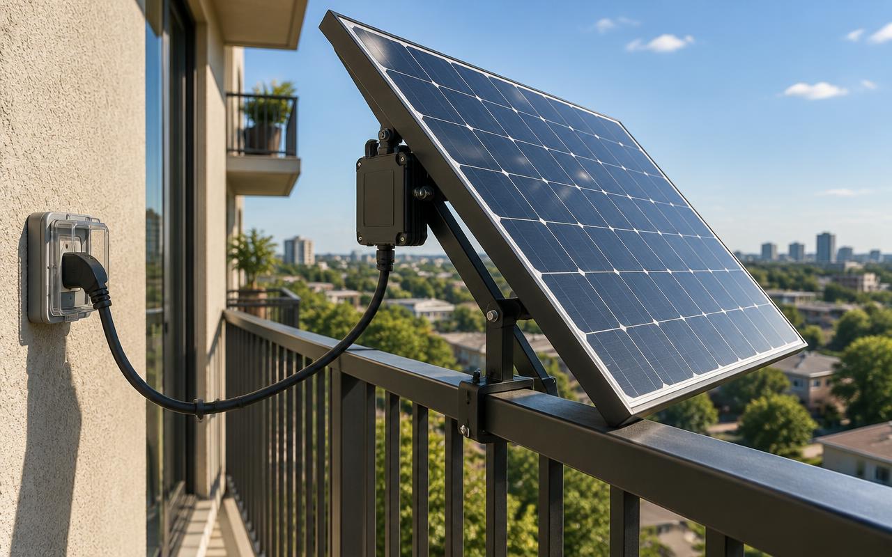 Microinverter behind a full-size plug-in solar panel on a balcony railing, plugged into a US outdoor outlet