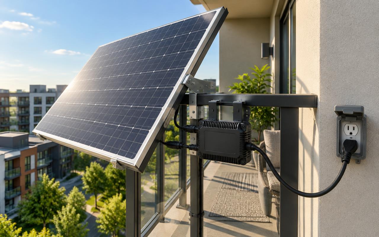 Full-size plug-in solar panel on an apartment balcony railing with a microinverter plugged into a US outdoor outlet