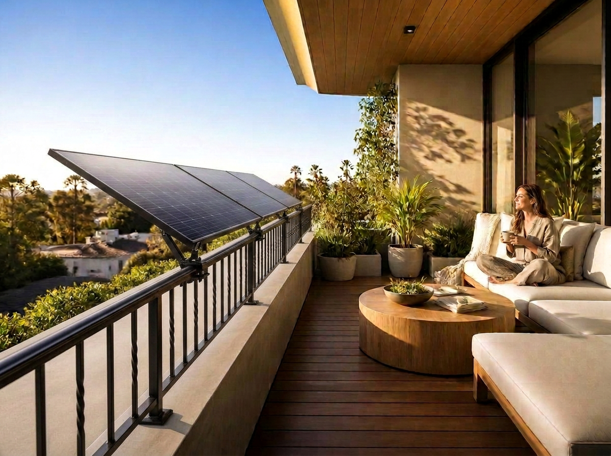 Plug-and-play solar panel mounted on a sunny apartment balcony railing