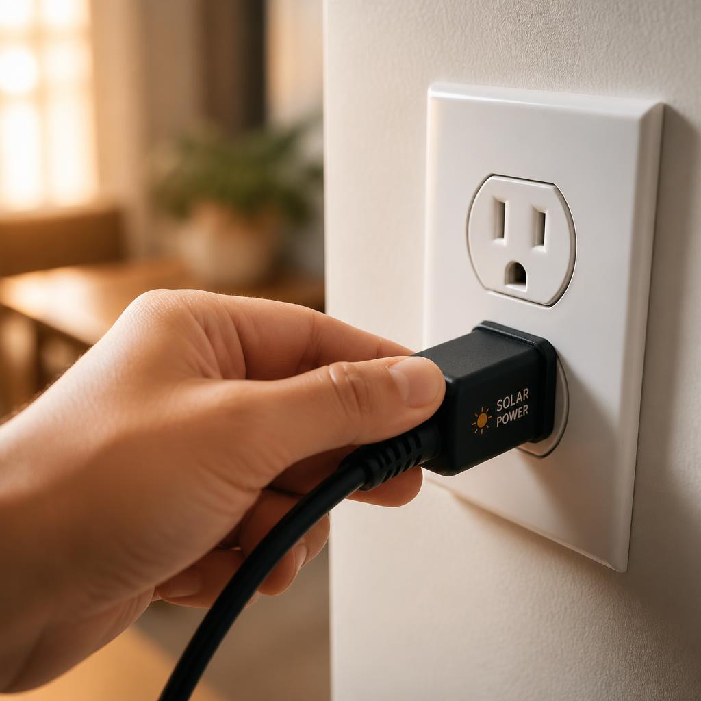 A hand plugging the solar power cable into a standard wall outlet