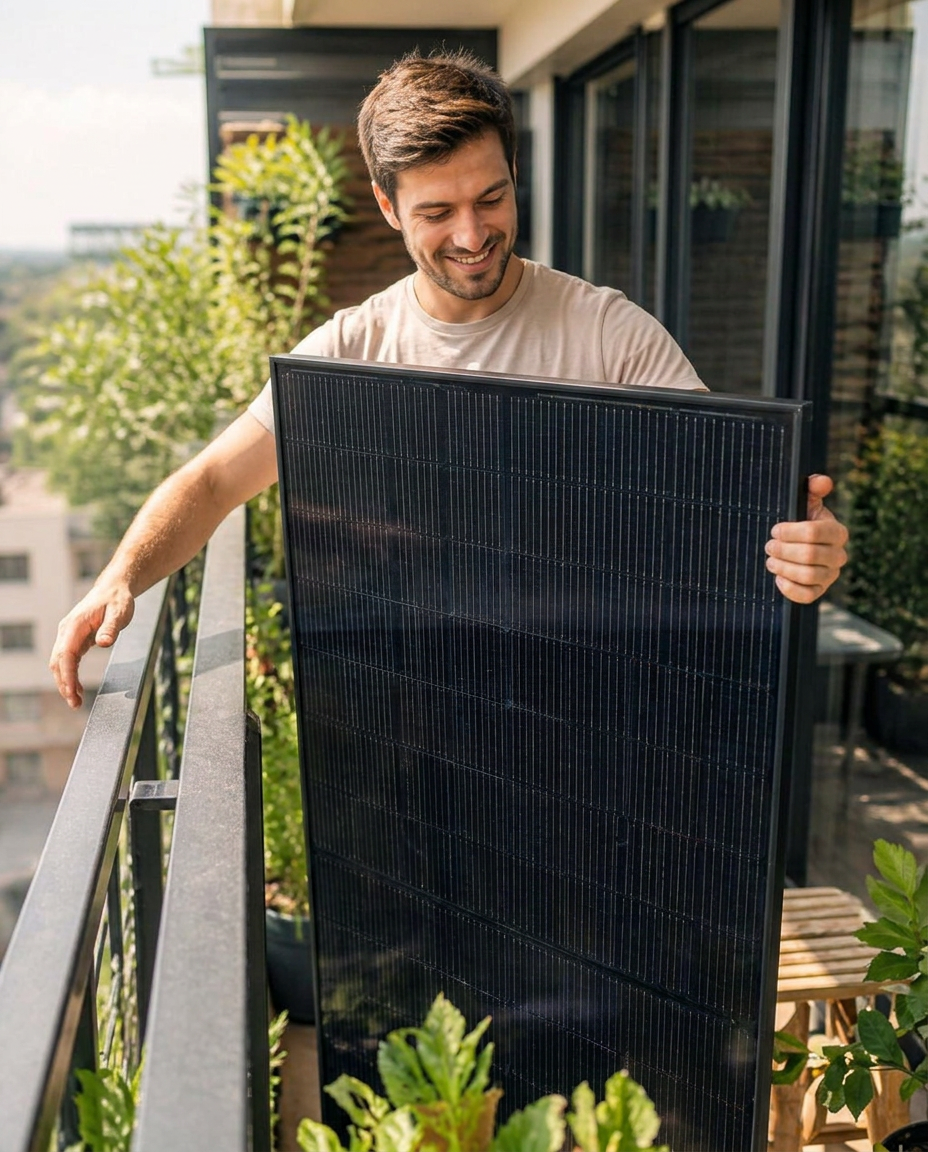 Plug-and-play solar panel on a sunny apartment balcony, cord plugged into a standard US wall outlet